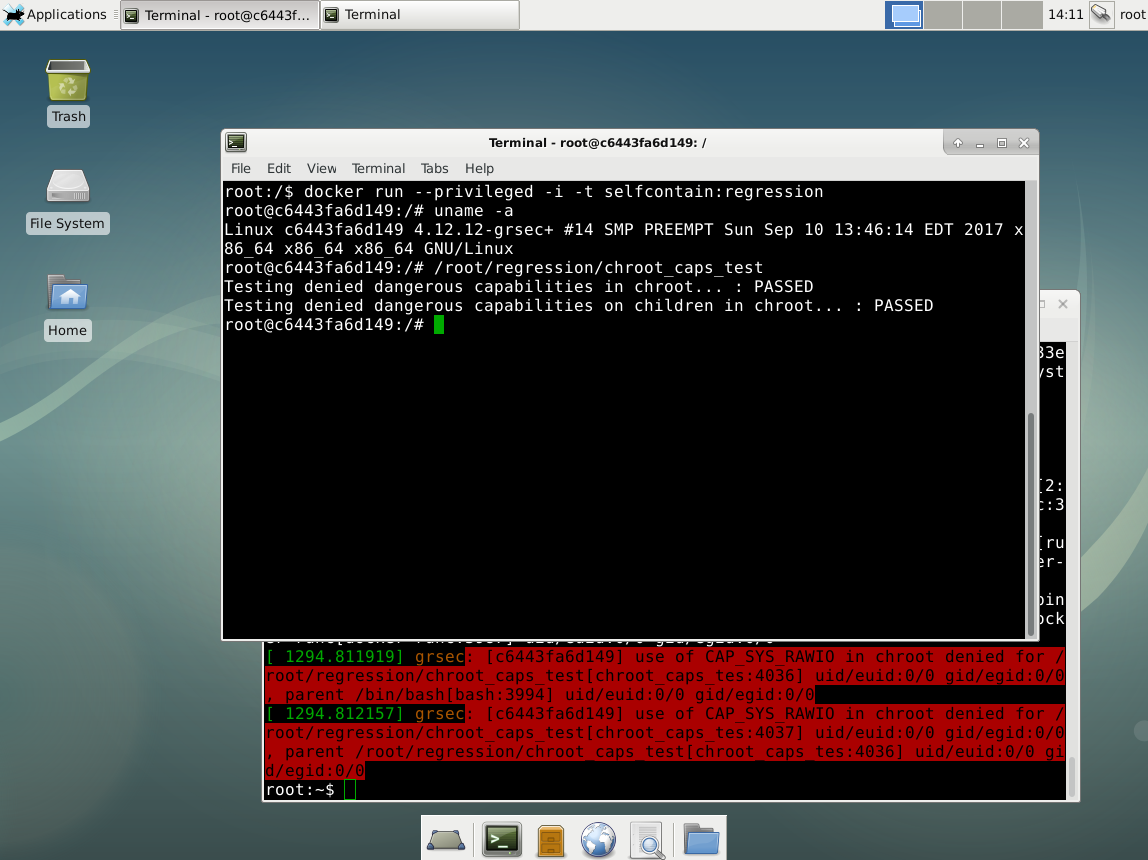 Screenshot showing regression test passing in Docker container