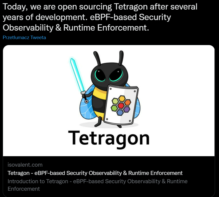 Twitter announcement of Tetragon