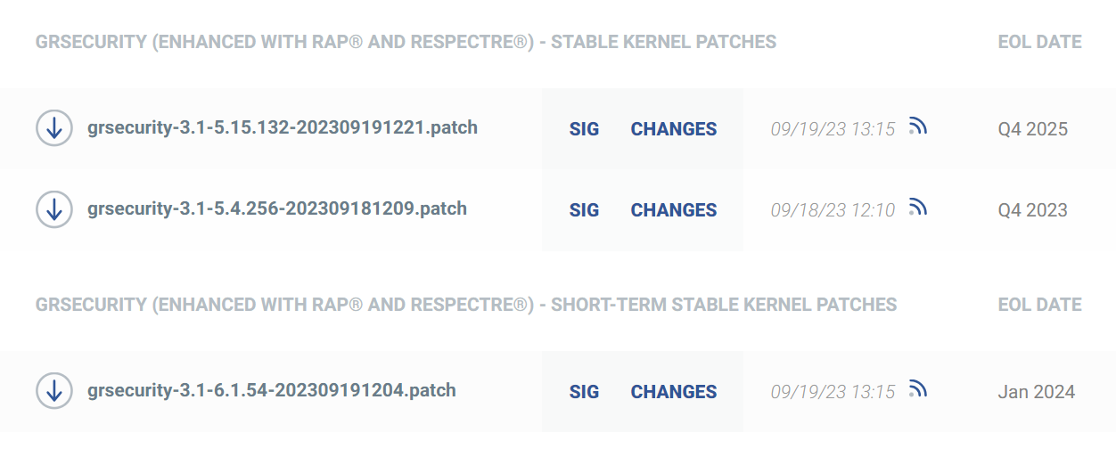 Image from grsecurity website showing its stable kernel versions and associated EOL dates