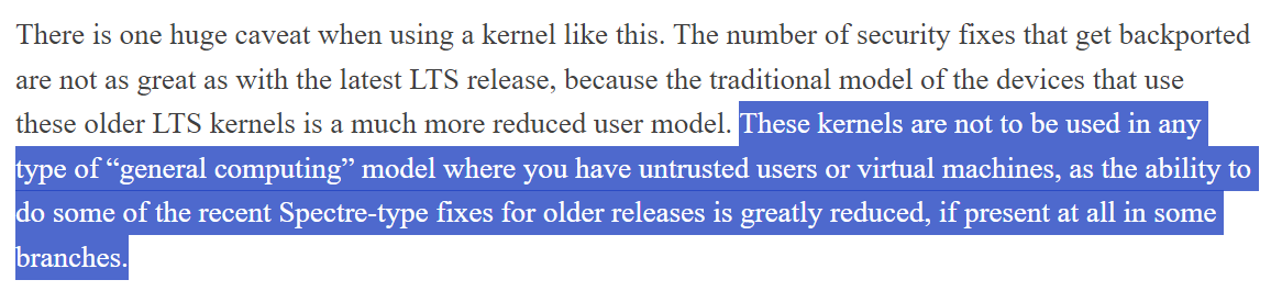Image showing quote from Greg KH regarding level of security in older LTS releases